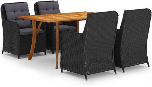 5-Piece Outdoor Dining Set Black Solid Acacia Wood Rectangular Table 59"x35" PE Rattan Chairs with Cushions for Patio Garden Balcony Backyard Seating 4
