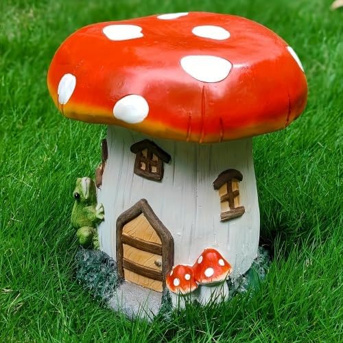 13.4" Mushroom House Resin Stool, Fairy Forest Sculpture Decorative Seat, Multifunctional Ornament for Indoor Outdoor Garden Lawn Courtyard Home Decoration (Red Mushroom)