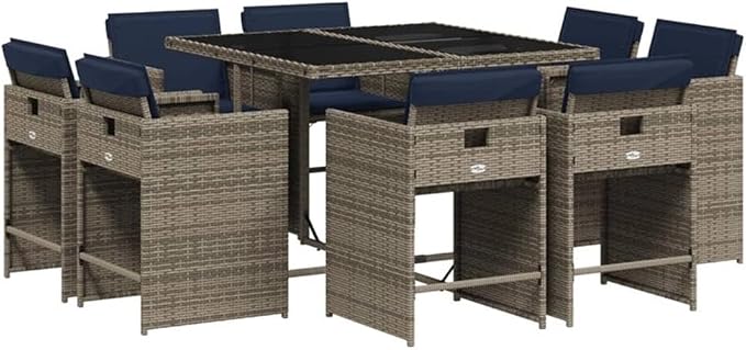 Afuera Living 9 Piece Rattan Patio Dining Set, Gray Finish, Weather-Resistant PE Rattan, Powder-Coated Steel Frame, Removable Cushions, UV-Resistant, Seats 8, Outdoor Garden or Terrace Furniture Set