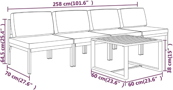 5 Piece Patio Lounge Set with Cushions, Modular Aluminum Outdoor Sectional Sofa and Table, Anthracite Metal Conversation Furniture for Backyard and Garden