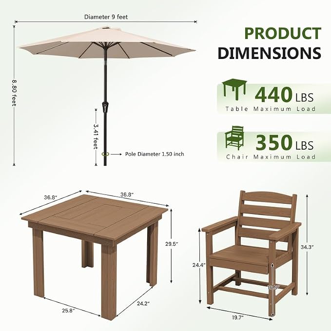 KINGYES HDPE Outdoor Dining Set for 4 with Umbrella, 6-Piece Square Patio Table & Armchairs, All-Weather for Backyard, Garden, Lawn & Poolside, Brown