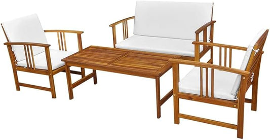 4-Piece Garden Dining Set, Solid Acacia Wood Outdoor Furniture with Rectangular Table, Bench and 2 Chairs, Rustic Patio Conversation Set with Cushions for Balcony and Terrace
