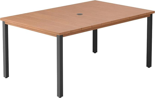 DIFY 63" Rectangle Outdoor Dining Table for 6, Slatted Metal Patio Table with Adjustable Umbrella Hole, All-Weather Patio Dining Table for Garden Backyard Deck, Walnut Tabletop