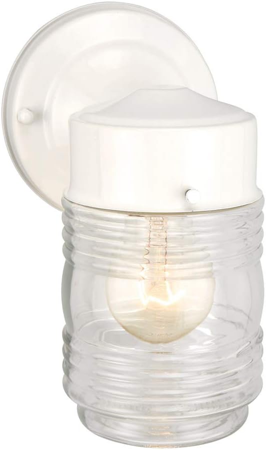 Design House Jelly Jar 1-Light Outdoor Wall Lantern, White Finish, Clear Ribbed Glass, Wet Rated Exterior Porch Light for Patio, Garage, Entryway, Front Door, and Deck, 500181 | Wall Mount, Traditional, Steel, Lighting, 500181