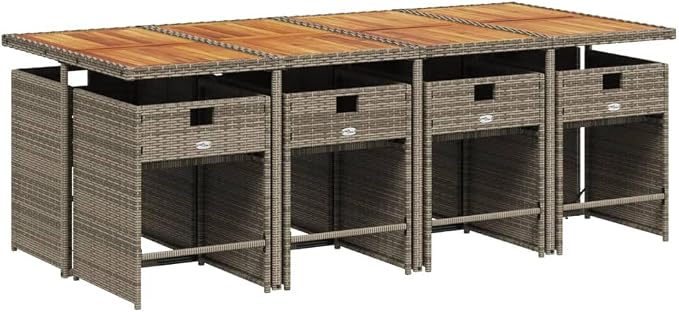9 Piece Patio Dining Set with Cushions Gray Poly Rattan Outdoor Rattan Sectional Furniture Set for Garden Backyard Deck, UV-Proof Folding Chairs with Removable Cushion Covers Solid Acacia Wood Table