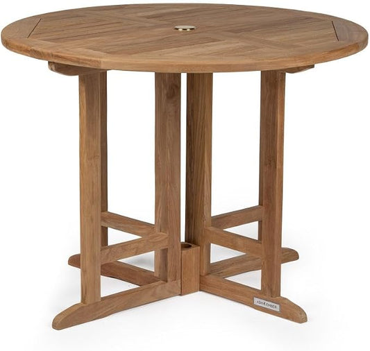 TITAN GREAT OUTDOORS Ash & Ember Luna Grade A Teak 39" Round Dining Table, Drop Leaf Design, Indoor Outdoor Patio or Porch Dining, Weather Resistant Solid Wood with Umbrella Hole