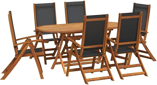 7-Piece Acacia Wood Oval Dining Set with Reclining Chairs | Features a dark oil finished table and 6 folding chairs with black textilene fabric for patio and backyard use.