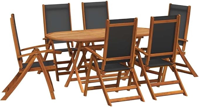 7 Piece Patio Dining Set Solid Acacia Wood with Extendable Table 59-79 Inches and 6 Folding Chairs Adjustable 5 Positions for Garden Terrace Backyard Outdoor Use