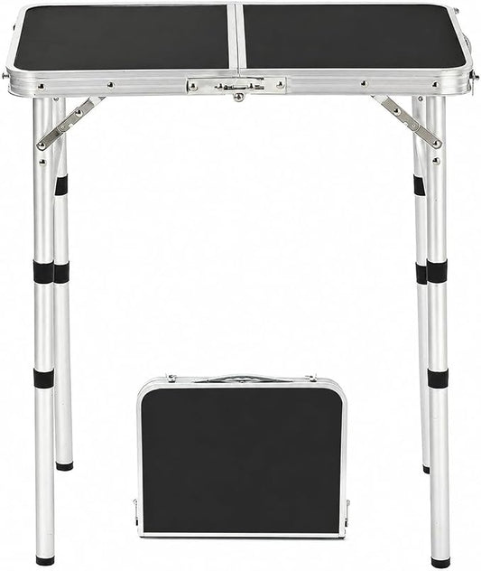 YUFIFAIRY Small Folding Table Portable, 24''L x16''W Foldable Camp Table with 3 Adjustable Height, Indoor Outdoor Lightweight Aluminum for Outdoor Cooking Picnic Black Table(10"/19"/27.5"