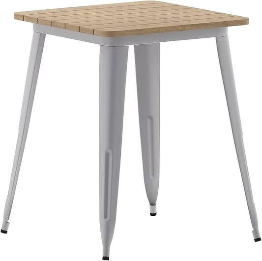 Flash Furniture Declan Commercial Outdoor Dining Table, All Weather Poly Resin Top with Steel Base, 23.75" Square, Brown/Silver