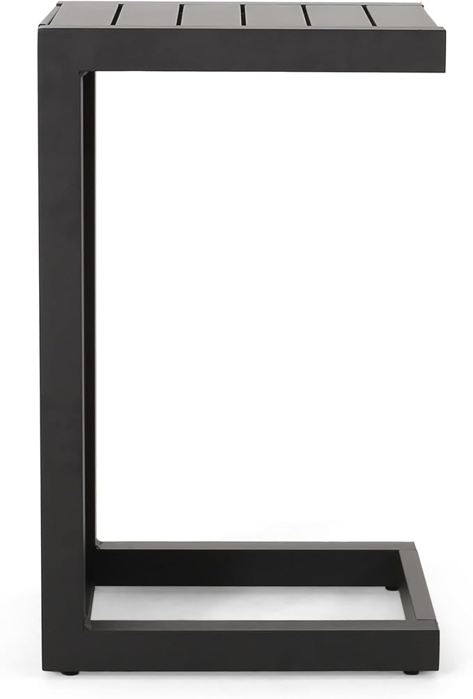 C-Shaped Outdoor Side Table for Lounge Chair Relaxing: Slide Under Design Keeps Drinks & Phone at Hand - No Leg Room Lost - Rust-Resistant Aluminum Frame - 165 lbs Capacity - Matte Black