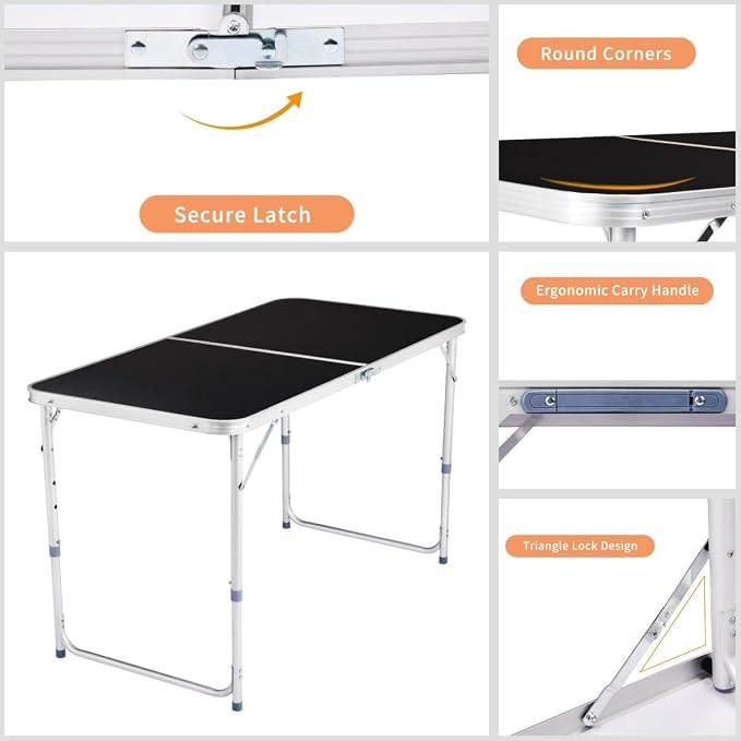 2 Pack Adjustable Height Folding Tables 4 Feet, Lightweight Fold-in-Half Utility Table for Outdoor Picnic BBQ Camping Fishing RV Beach, Aluminum Frame, MDF Desktop, with Carrying Handle