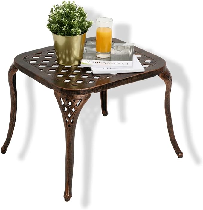 Patio End Metal Table, Outdoor Side Table Cast Aluminum Furniture for Garden, Poolside, Antique Bronze
