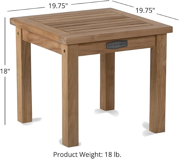 TITAN GREAT OUTDOORS Ash & Ember Sierra Grade A Teak End Table, 18" Tall Outdoor Hand-Sanded Accent Table, 19.75"x19.75" Slated Tabletop, Solid Brass Hardware