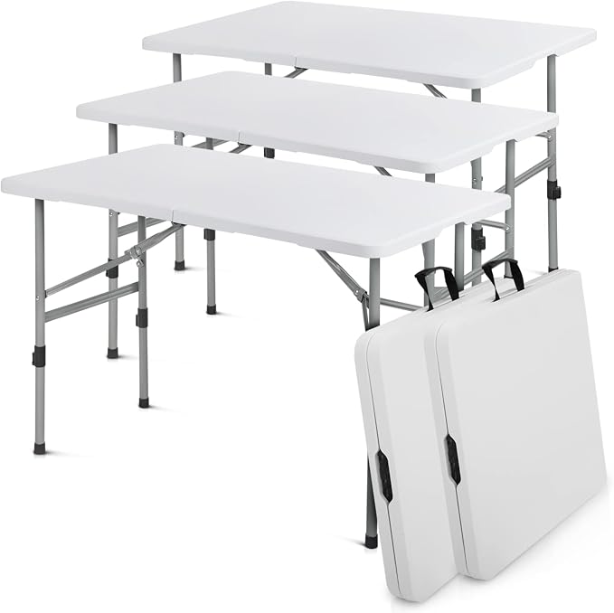 MoNiBloom 4Ft Folding Card Table Set, Outdoor Foldable Portable Plastic Dining Picnic Cookout Table w/Height Adjustable and Handle, Set of 5 White