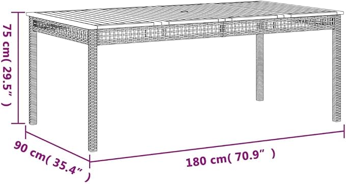 vidaXL Outdoor Dining Table Grey Brown Acacia Wood Durable Design 70.9X35.4 in Garden for Six with Powder Coated Metal Frame Weather Resistant Modern Patio Furniture Poly Rattan PE