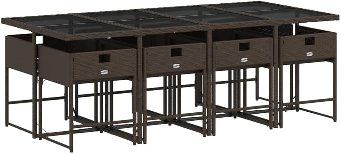 9 pcs Set Patio Dining Set & Balcony Furniture Brown PE Rattan Outdoor Dining Set Garden Dining Set for Lawn Backyard Front Porch 86.6 x 41.7 x 28.7 in