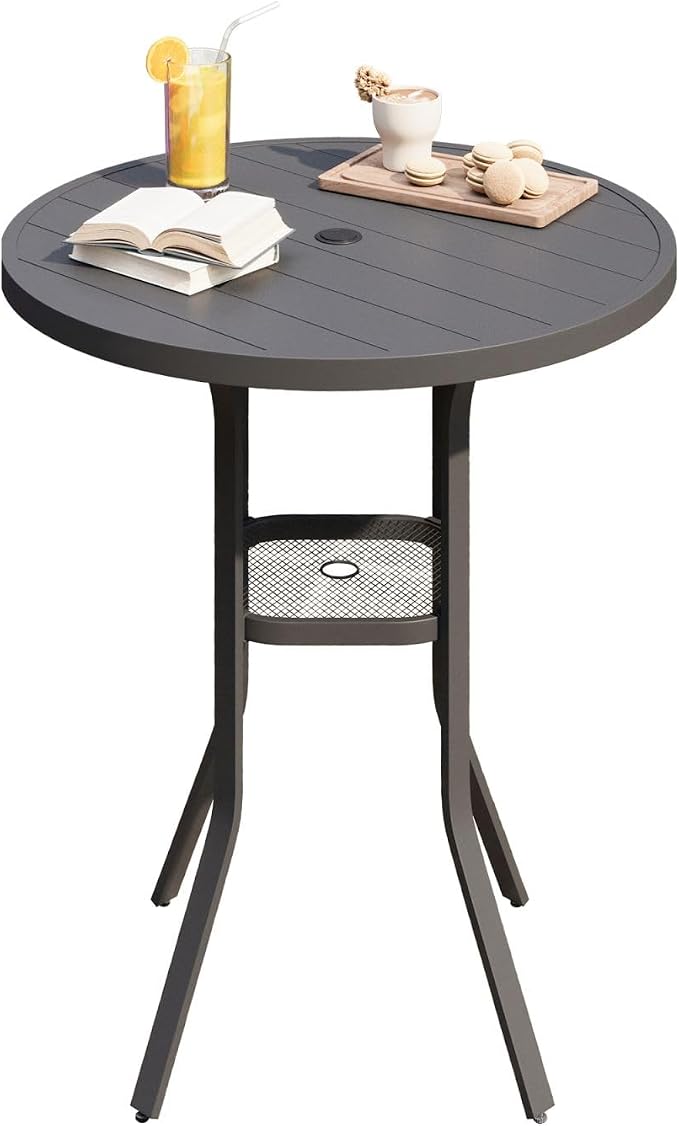 DIFY Patio Bar Height Table, 35.5" Round Outdoor Bistro Table with 1.57" Umbrella Hole for Poolside, Balcony, Pub and Garden, Grey