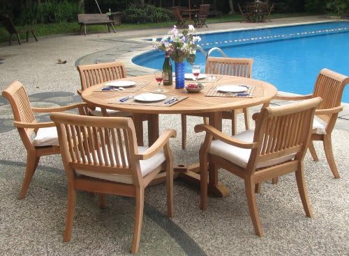6 Seater Grade-A Teak Wood 7pc Dining Set: 60" Round Table and 6 Arbor Stacking Arm Chairs #TSDSAB3