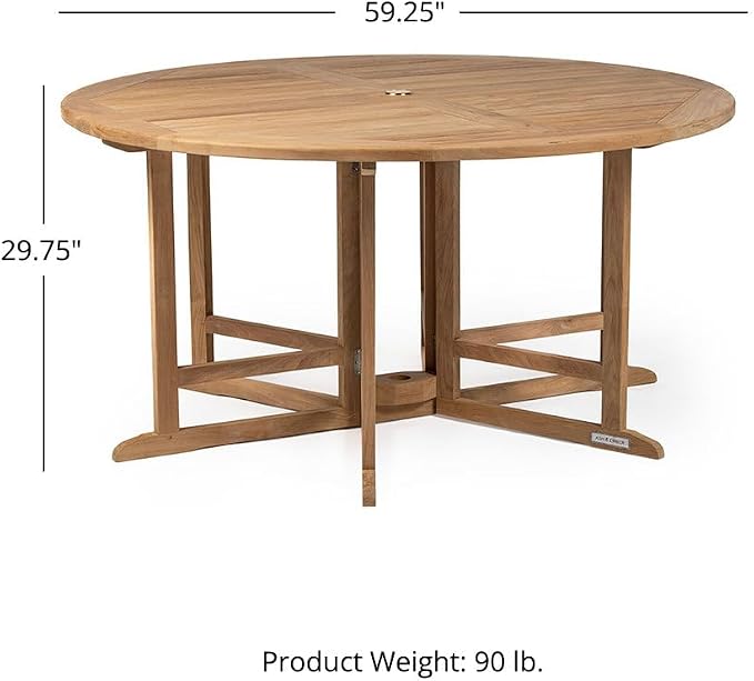 TITAN GREAT OUTDOORS Ash & Ember Luna Grade A Teak 59" Round Dining Table, Drop Leaf Design, Indoor Outdoor Patio or Porch Dining, Weather Resistant Solid Wood with Umbrella Hole