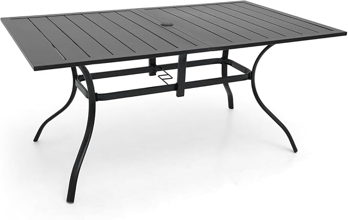 63"x38" Rectangle Outdoor Patio Dining Table with Umbrella Hole - 6 Person | 63" x 38" x 28" Rectangle Table, Slat Table Top, Black, Metal Top and Frame, 1.57"-1.9" Adjustable Umbrella Hole, All Weather