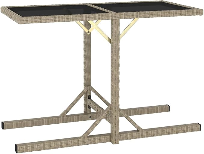 Poly Rattan Patio Table with Glass Top, Outdoor Side Table for Garden Bistro Balcony, Weather Resistant Beige Bistro Table 43.3 x 20.9 x 28.3 inches
