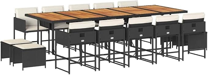 15 Piece Outdoor Patio Dining Set with Cushions, Black Poly Rattan Wicker Furniture for Garden Backyard, Acacia Wood Table, Folding Chairs & Stools, UV-Proof Weather-Resistant Al Fresco Dining