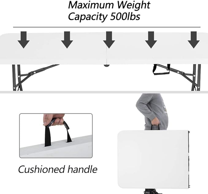 6FT Folding Table, Fold-in-Half Portable Plastic Table with Handle, Heavy Duty HDPE, 500 lbs Capacity, Waterproof & Scratch-Resistant, Locking Legs, Anti-Slip Feet for Indoor Outdoor Party Picnic