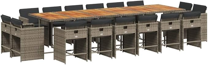 17 Piece Patio Dining Set with Cushions Gray Poly Rattan Outdoor Furniture Table and 16 Stackable Chairs for Garden Backyard Lawn Entertaining, UV-Proof, Heavy Duty Steel Frame, Acacia Wood Top