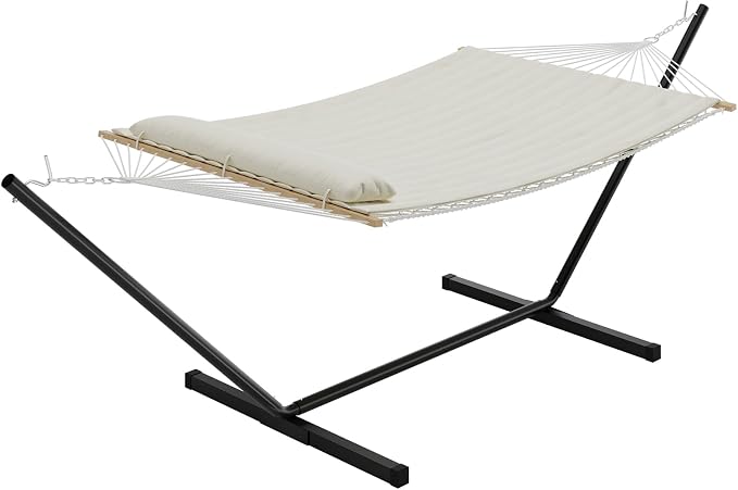 2-Person Quilted Hammock with Stand, Heavy Duty Steel Frame Hammock with Pillow, 450 LB Capacity, for Patio, Backyard, Garden, Multiple Colors