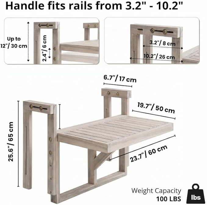 Acacia Wood Balcony Hanging Table – 1PCS Stable Fixed Outdoor Railing Table – Weather-Resistant White Finish – Adjustable Mounting for Small Balcony, Patio, and Porch – Heavy-Duty Deck Side Table