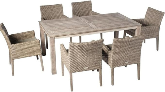 Pemberly Row 7 Piece Patio Dining Set, FSC Eucalyptus Wood Table and Wicker Chairs, Degas/Vintage Patina Finish, 71 in Rectangle Table, UV-Resistant Cushions, Driftwood Style, Outdoor Furniture Set