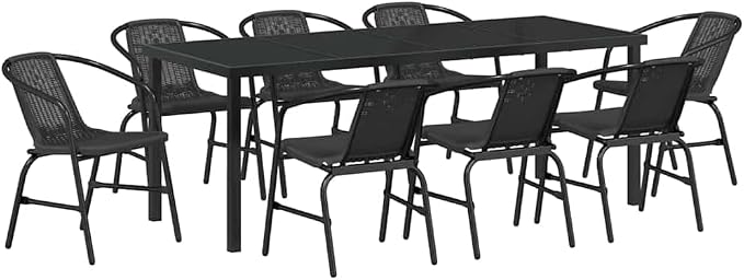 9-Piece Outdoor Dining Set, Black Powder-Coated Steel Patio Furniture, Rectangular Table and 8 Comfortable Garden Chairs for Backyard Hosting