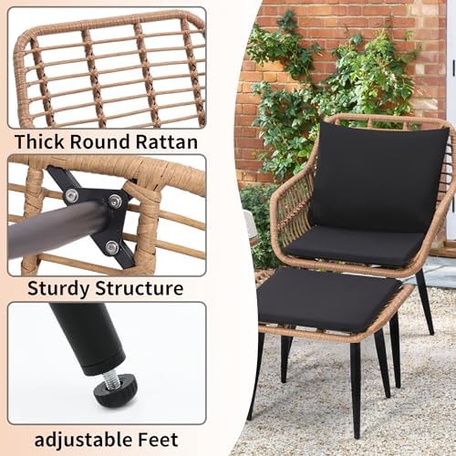 5-Piece Wicker Patio Conversation Set - 2 Chairs, 2 Ottomans & Side Table - Stylish Outdoor Furniture for Porch, Balcony, Deck & Backyard - Durable Natural Finish