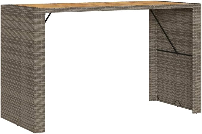 72.8 Inch Outdoor Bar Table Grey Rectangular Synthetic Rattan with Acacia Wood Top for Patio Garden Terrace Cocktail and Dining Furniture