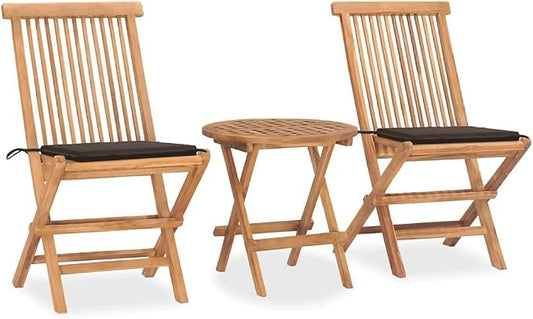 3-Piece Folding Patio Dining Set, Solid Teak Wood Bistro Set with Round Table and 2 Folding Chairs with Cushions, Taupe Outdoor Furniture for Garden Terrace Balcony