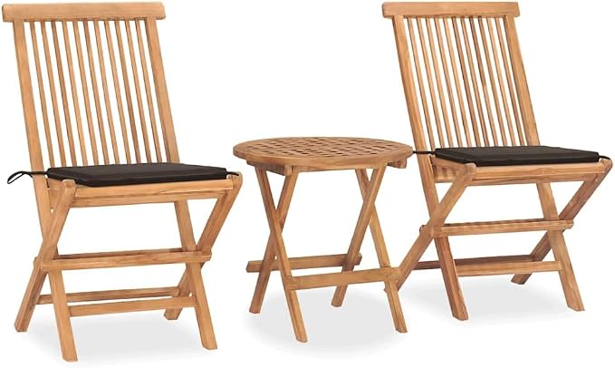 3-Piece Folding Patio Dining Set, Solid Teak Wood Round Table and 2 Chairs with Taupe Cushions, Small Space Bistro Set for Garden Terrace and Balcony Outdoor Use