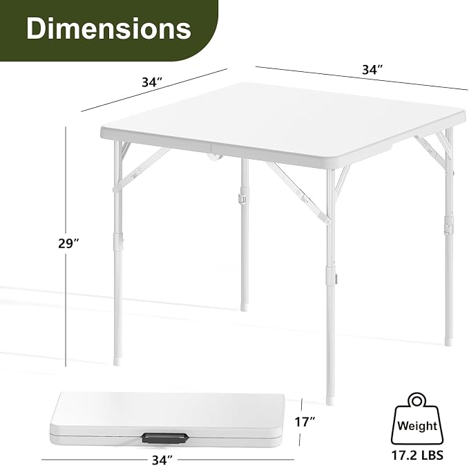 34" Folding Table, Portable Square Folding Card Table, Picnic Tables with Collapsible Legs & Carrying Handle (White, 2 Pack)