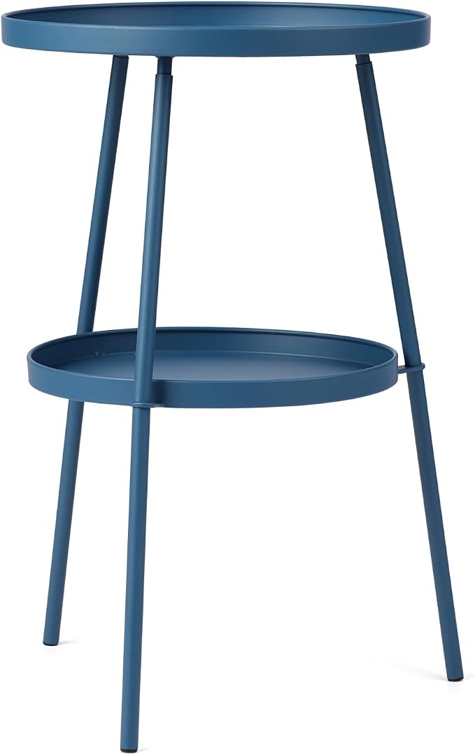 2 Tier Metal Round Side Table, Outdoor End Table for Small Spaces, Indoor Outdoor Nightstand for Living Room, Bedroom or Office (Navy)