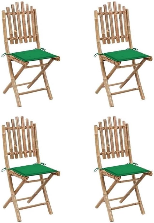 BOWERY HILL 5-Piece Folding Patio Dining Set, Natural Bamboo Table and 4 Chairs with Green Cushions, Compact Outdoor Garden Furniture, Rustic Style, Fits 4 People, Water-Resistant