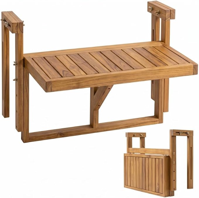 Acacia Wood Balcony Hanging Table – Stable Fixed Outdoor Railing Table – Weather-Resistant White Finish – Adjustable Mounting for Small Balcony, Patio, and Porch (Natural Wood - 1pc)