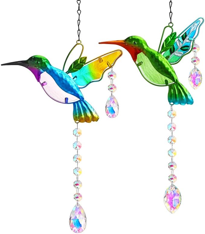 2PCS 18.1" Hummingbird Suncatchers,Stained Glass Window Hanging Ornament | Rainbow Maker Crystal Prism Suncatcher, Window Hanging Ornament, Indoor & Outdoor Home Garden Decor