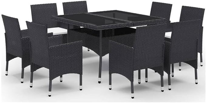 Afuera Living Patio Dining Set, Black Poly Rattan with Tempered Glass Tabletop, Matte Finish, Removable Cushion Covers, Spacious 9-Person Seating, Weather-Resistant Outdoor Furniture for Garden or