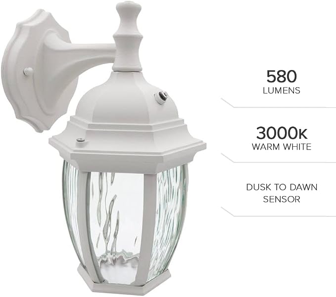 Maxxima LED White Outdoor Wall Light, 580 Lumens 3000K, Dusk to Dawn Sensor | Clear Water Glass, Warm White, Photocell Sensor, Exterior Patio or Porch Sconce Fixture