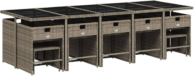 15 Piece Patio Dining Set, 14-Seater Outdoor Rattan Furniture with Cushions, Foldable Chairs & Stools, Gray PE Wicker Garden Table Set
