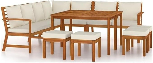 Afuera Living 11-Piece Patio Dining Set, Solid Acacia Wood with Cream Cushions, Modular Layout, Oiled Finish, Retro Style Outdoor Seating for Up to 10 People, Garden or Conservatory Use