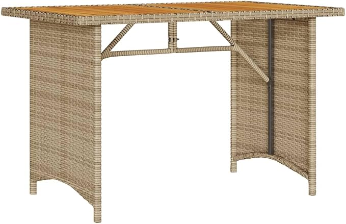 Modern Outdoor Dining Table with Beige PE Rattan Top and Solid Acacia Wood Frame on Powder Coated Steel Base for Patio Garden, 43.3 Inch Long 26.8 Inch Wide