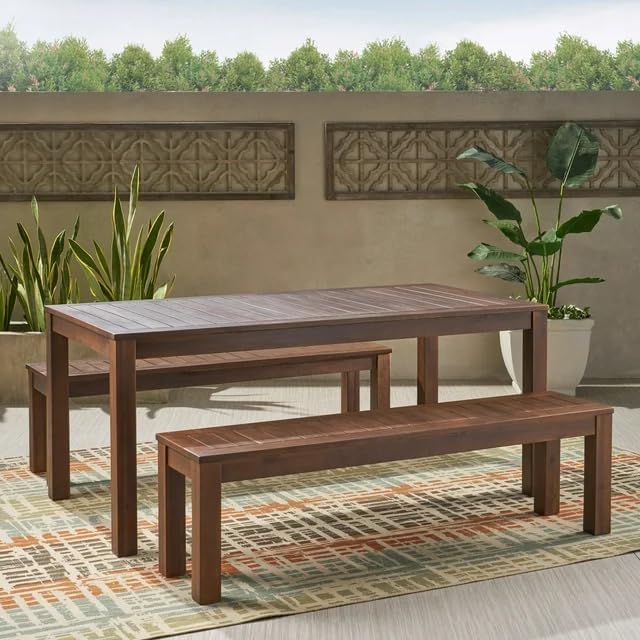 69'' Outdoor Patio Dining Table & 2 Bench for 4, Acacia Wood Farmhouse Dining Table Set Outdoor & Indoor Furniture for Patio Porch Garden, 3-Pcs, Dark Brown