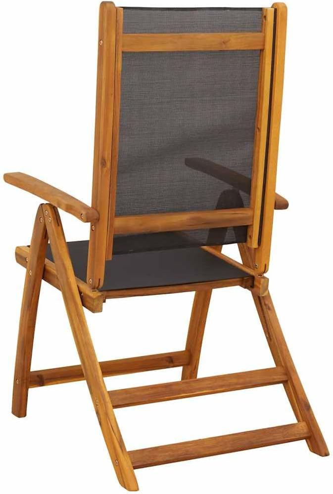 7-Piece Acacia Wood Oval Dining Set with Reclining Chairs | Features a dark oil finished table and 6 folding chairs with black textilene fabric for patio and backyard use.