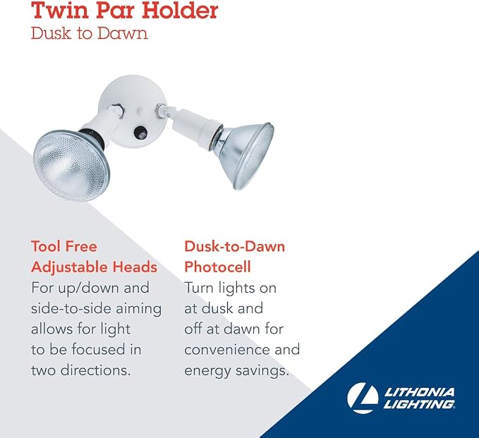Lithonia Lighting Dusk-to-Dawn Twin Par Outdoor Flood Light Holder, White | Adjustable Security Light, Photocell Sensor, 120 Volts, Uses 2 Lamps Up to 150W (Not Included) (OFTH 300PR 120 P WH M12)